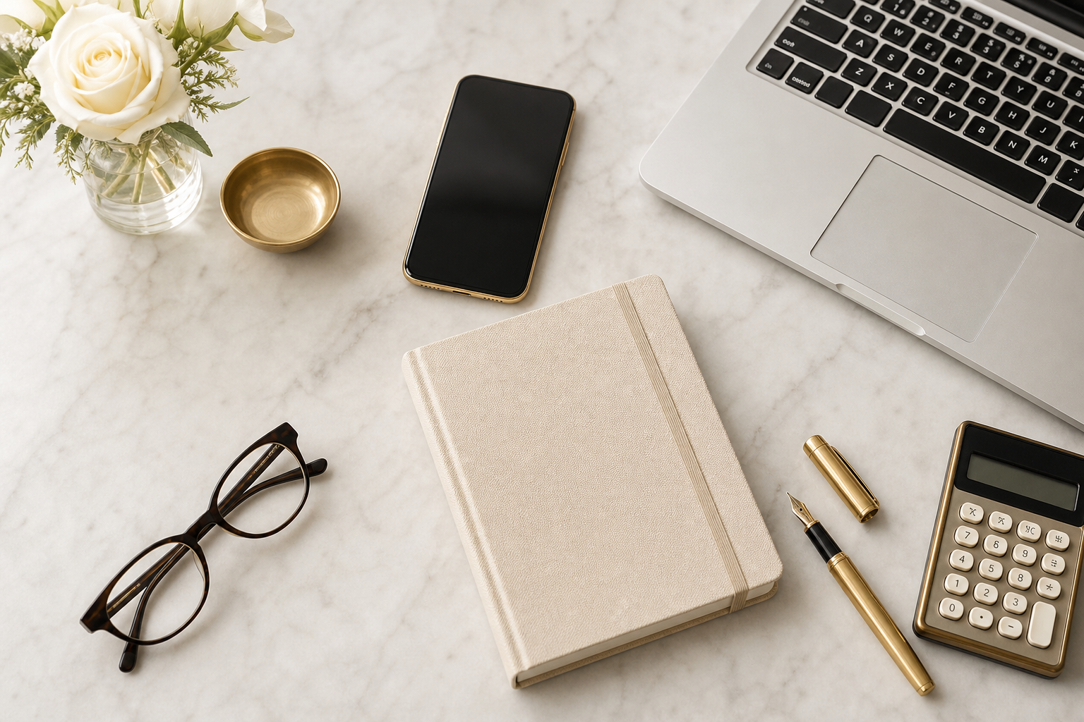 Flat lay — laptop, notes, pióro i kalkulator na jasnym blacie