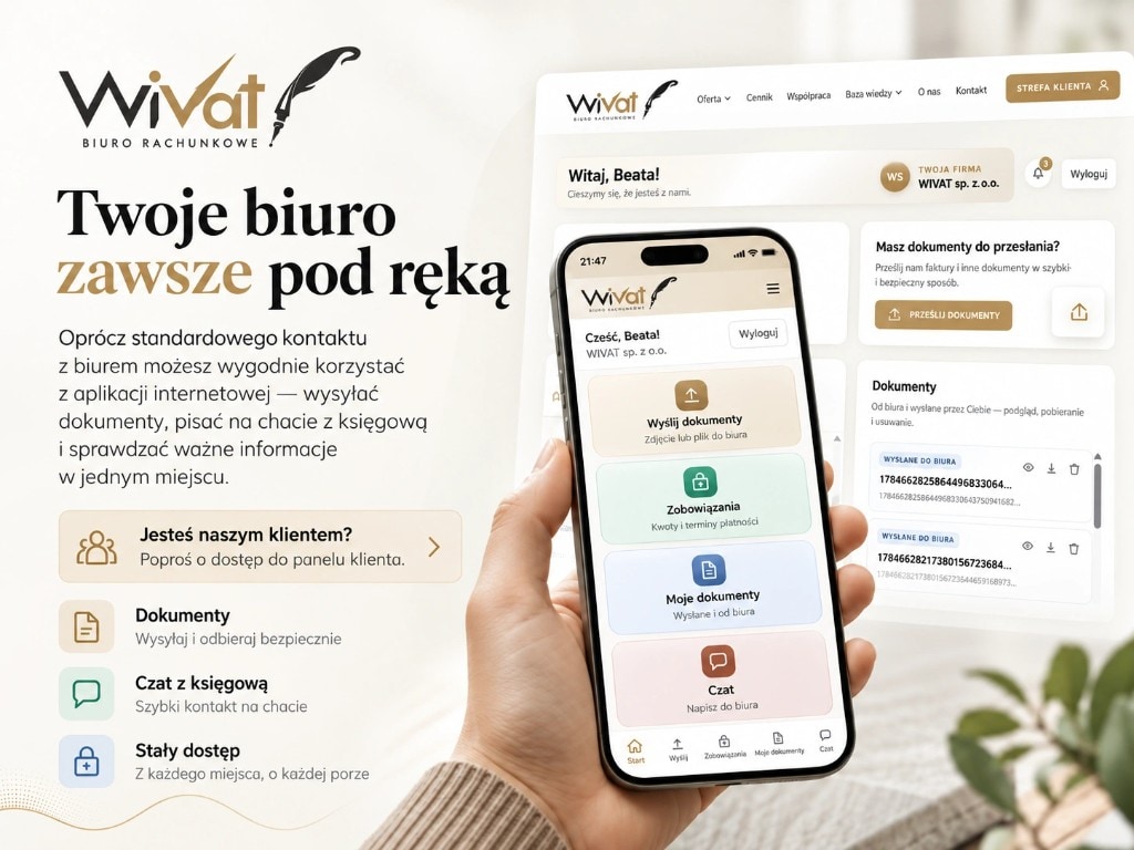 Strefa klienta WIVAT — dokumenty, czat z księgową i stały dostęp w aplikacji internetowej.